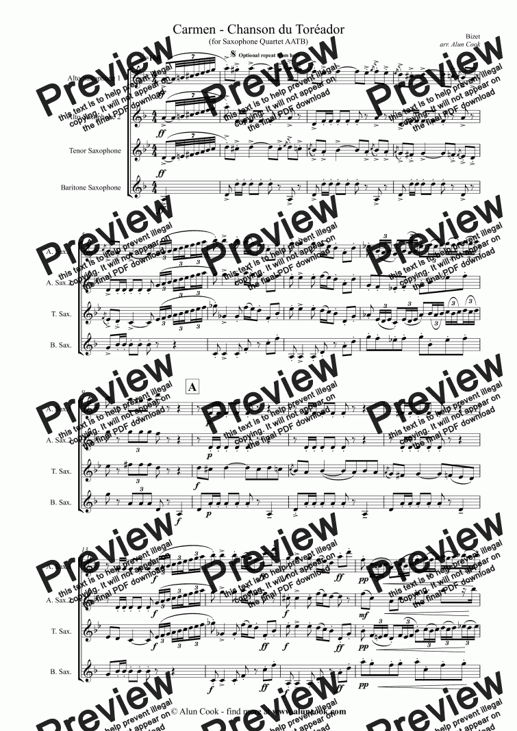 page one of Carmen - Chanson du Toreador (Saxophone Quartet)