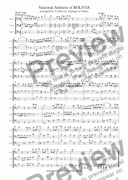 page one of National Anthem of BOLIVIA, arr for 3 (groups of) cellos: in F (higher, better)