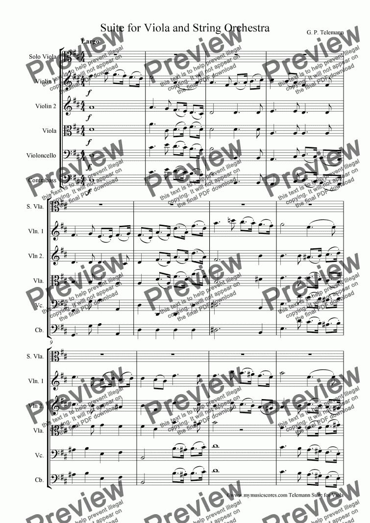 page one of Telemann Suite for Viola and String Orchestra