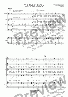page one of The Huron Carol ('Twas in the Moon of Wintertime) v2 - SATB Choir and Piano
