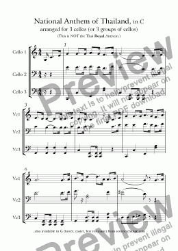 page one of National Anthem of THAILAND, arr for 3 (groups of) cellos: in C (higher) - playable score