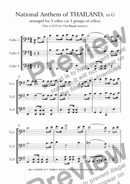 page one of National Anthem of THAILAND, arr for 3 (groups of) cellos: in G (easier) - playable score