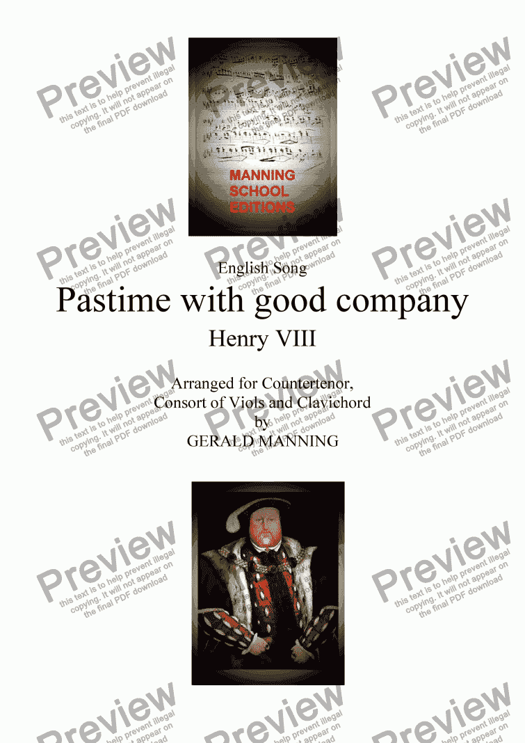 page one of English Song: Henry VIII - Pastime with good company - arr. for Countertenor, Consort of Viols and Clavichord by Gerald Manning