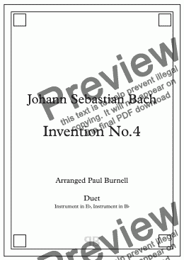 page one of Invention No. 4, arranged for duet: instruments in Eb and Bb - Score and Parts