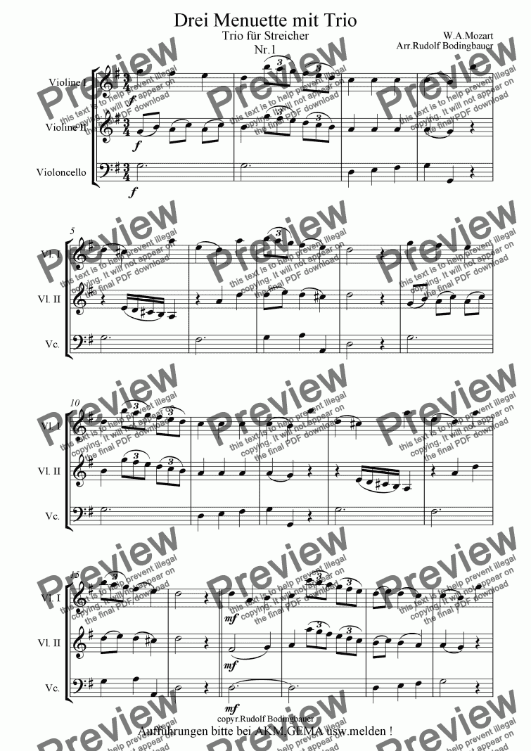 page one of Drei Menuette f�r Streich-Trio W.A.Mozart