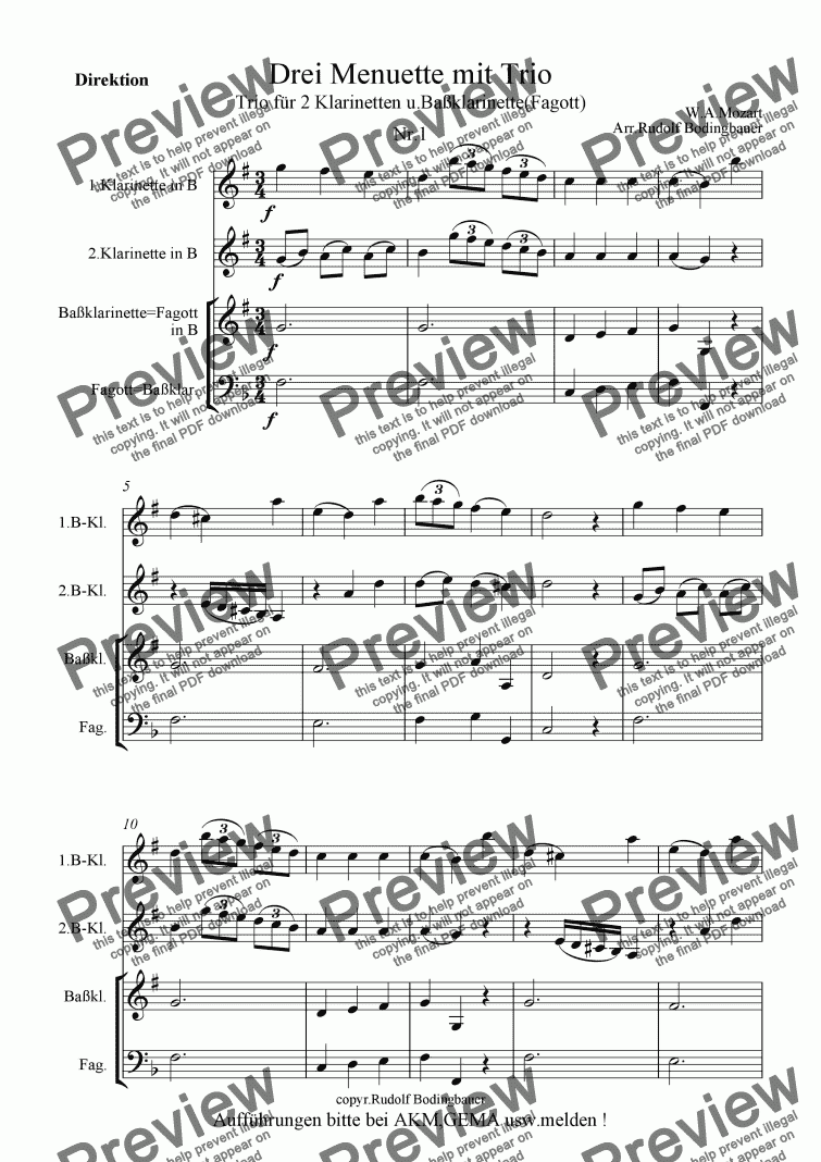 page one of Drei Menuette f�r Klarinetten-Trio W.A.Mozart