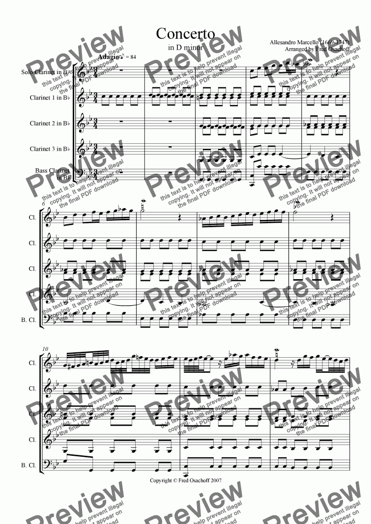 page one of Adagio from Concerto in d minor (Clarinet Choir)