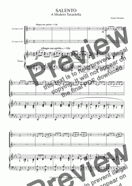 page one of "Salento" A Modern Tarantella for Trumpet Duet and Piano- Intermediate