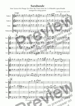 page one of Handel's Sarabande arr for String Quartet