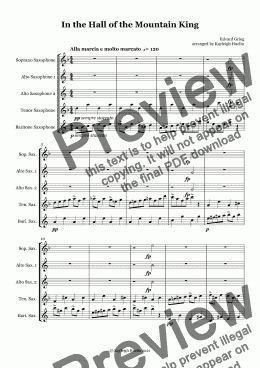 page one of In the Hall of the Mountain King by Edvard Grieg - Saxophone quintet (SAATB)