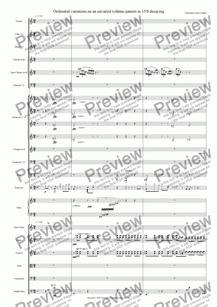 page one of Orchestral variations on an unvaried rythmic pattern in 15/8 decaying
