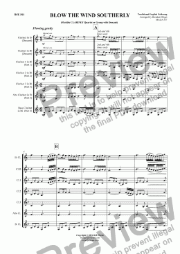 page one of BLOW THE WIND SOUTHERLY  - Flexible CLARINET Quartet or Group (with Descant)