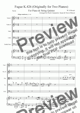 page one of Fugue - Mozart K.426 - Piano & String Quintet - Score