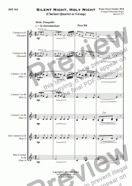 page one of Silent Night, Holy Night - Clarinet Quartet or Group (and Optional Piano)