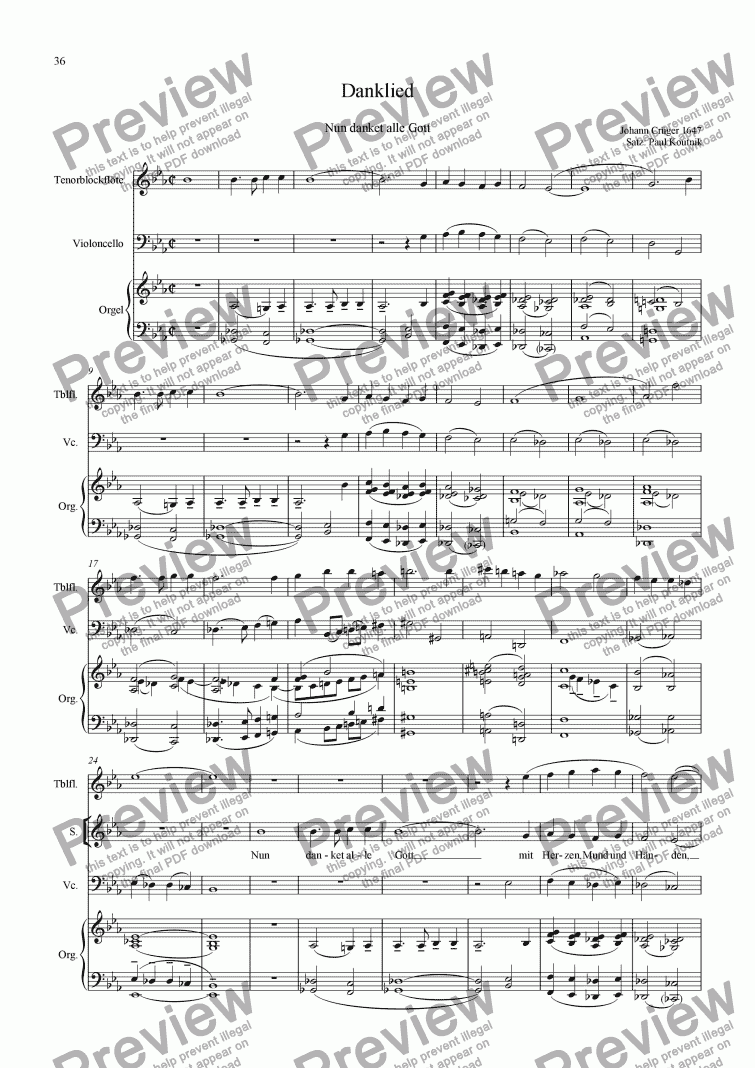 page one of Mass For Recorder, S, A, Bar, Organ and Cello: 8. Nun danket alle Gott