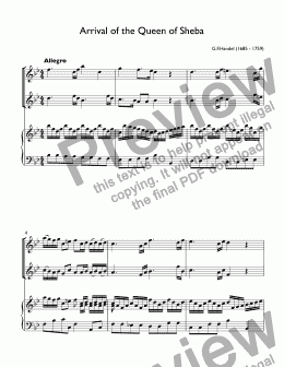 page one of Handel - Arrival of the Queen of Sheba - duet for 2 trumpet C & piano