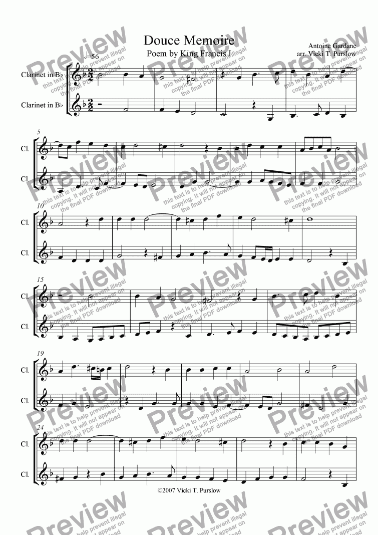 page one of Douce Memoire for 2 clarinets by Josquin
