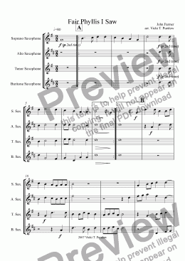 page one of English Madrigal for SATB Sax Quartet Farmer’s Fair Phyllis