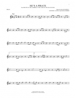 page one of He's A Pirate (from Pirates Of The Caribbean: The Curse of the Black Pearl) (Bells Solo)