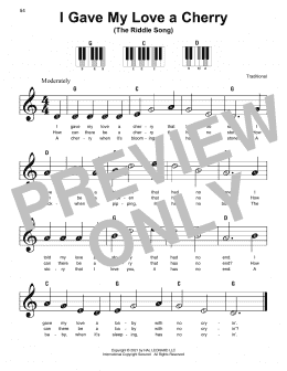 page one of I Gave My Love A Cherry (The Riddle Song) (Super Easy Piano)