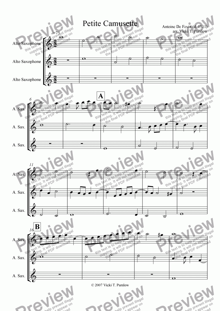 page one of Alto Sax Trio Petite Camusette by Antoine de Fevin