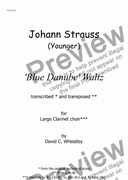page one of Blue Danube Waltz (Johann Strauss jnr) for clarinet choir transcribed by David Wheatley