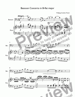 page one of W. A. Mozart - Bassoon Concerto B-flat major K. 191 - I. Allegro  for bassoon & piano