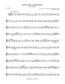 page one of Into The Unknown (from Disney's Frozen 2) (Recorder Solo)