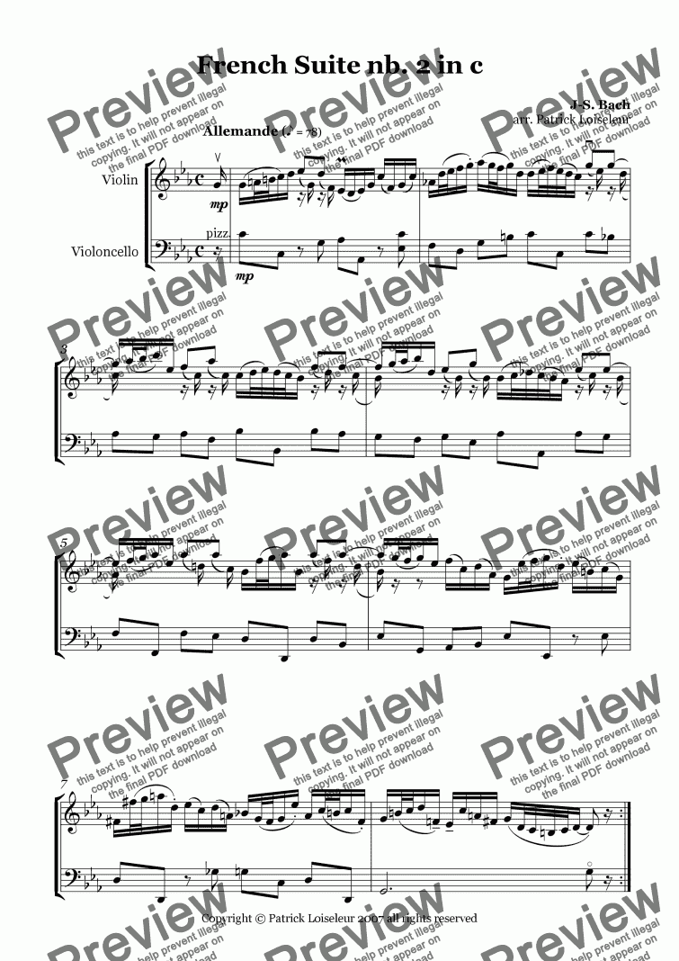 page one of Bach: French suite nb 2 in c for Violin and Cello