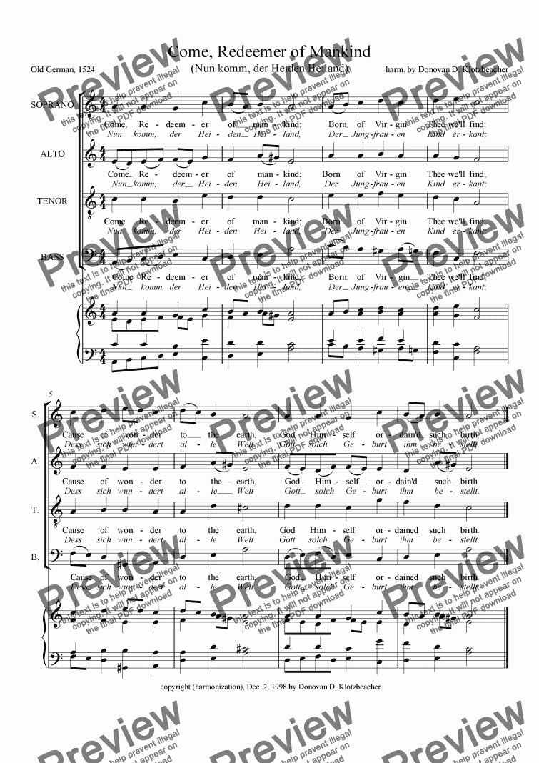 page one of Chorale: Come, Redeemer of Mankind