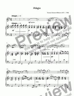 page one of Albinoni - Adagio (jazz version) for alto saxophone Eb & piano