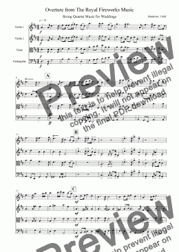 page one of Overture to the Royal Fireworks Music - String Quartet Music for Weddings