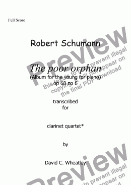 page one of Schumann 'The poor orphan' (album for the young) transcribed for clarinet quartet by David Wheatley