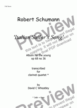 page one of Schumann 'Italian Sailor's Song' (Album for the young) transcribed for clarinet quartet by David C Wheatley