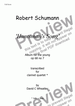 page one of Schumann 'Huntsman's Song' transcribed for clarinet quartet by David C Wheatley
