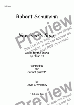 page one of Schumann 'New Year's Song' (Album for the Young) transcribed for clarinet quartet by David Wheatley