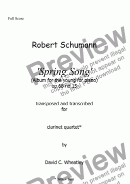 page one of Schumann 'Spring Song' (album for the young) transcribed for clarinet quartet by David Wheatley