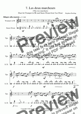 page one of 7. Les deux marcheurs (The two marchers) Duet for Trumpet in Bb and Snare Drum from 'Les Deux'