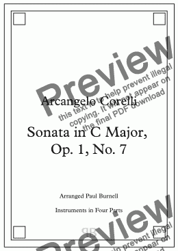 page one of Sonata in C Major, Op. 1, No. 7, arranged for instruments in four parts – Score and Parts