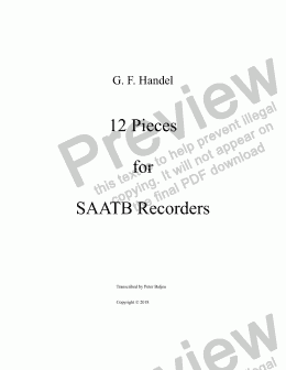 page one of Handel: 12 Pieces for Recorder quintet (SAATB)