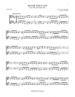 page one of Never Too Late (from The Lion King 2019) (Trumpet Duet)