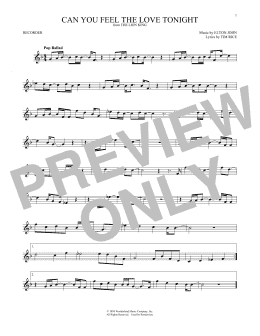 page one of Can You Feel The Love Tonight (from The Lion King) (Recorder Solo)