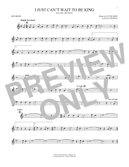page one of I Just Can't Wait To Be King (from The Lion King) (Recorder Solo)