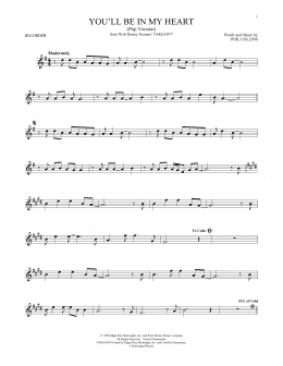 page one of You'll Be In My Heart (from Tarzan) (Recorder Solo)