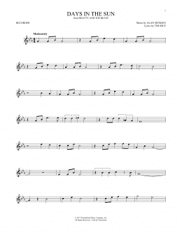 page one of Days In The Sun (from Beauty And The Beast) (Recorder Solo)