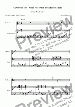 page one of Harewood for Treble Recorder and Harpsichord