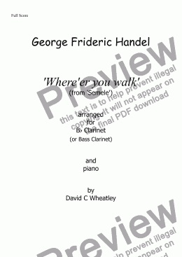 page one of Handel - 'Where'er you walk' (from 'Semele') arranged for Bb or Bass Clarinet and piano
