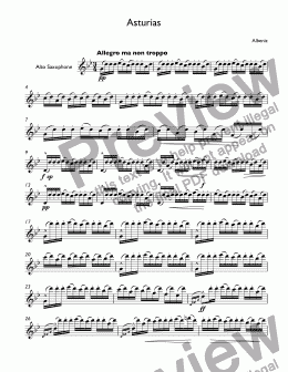 page one of Isaac Albeniz - "Asturias" Leyenda (No.5 - Suite Espagnole, No.1 - Op.232) for alto saxophone