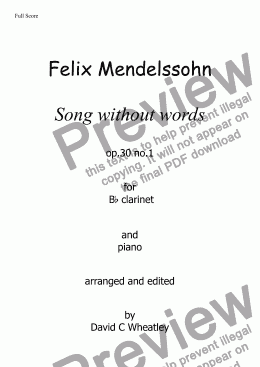 page one of Mendelssohn - Song without words op 30 no 1 for Bb clarinet and piano 