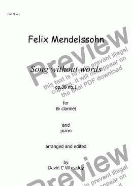 page one of Mendelssohn - Song without words op 38 no 1 for Bb clarinet and piano
